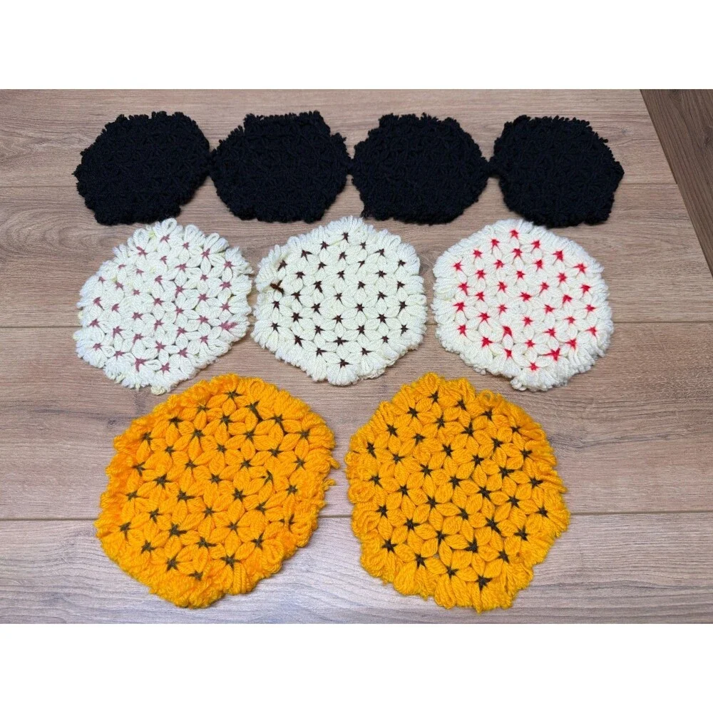 Vintage Hand Crocheted Pot Holders Trivets Blue White & Orange - Lot of 9 Pcs